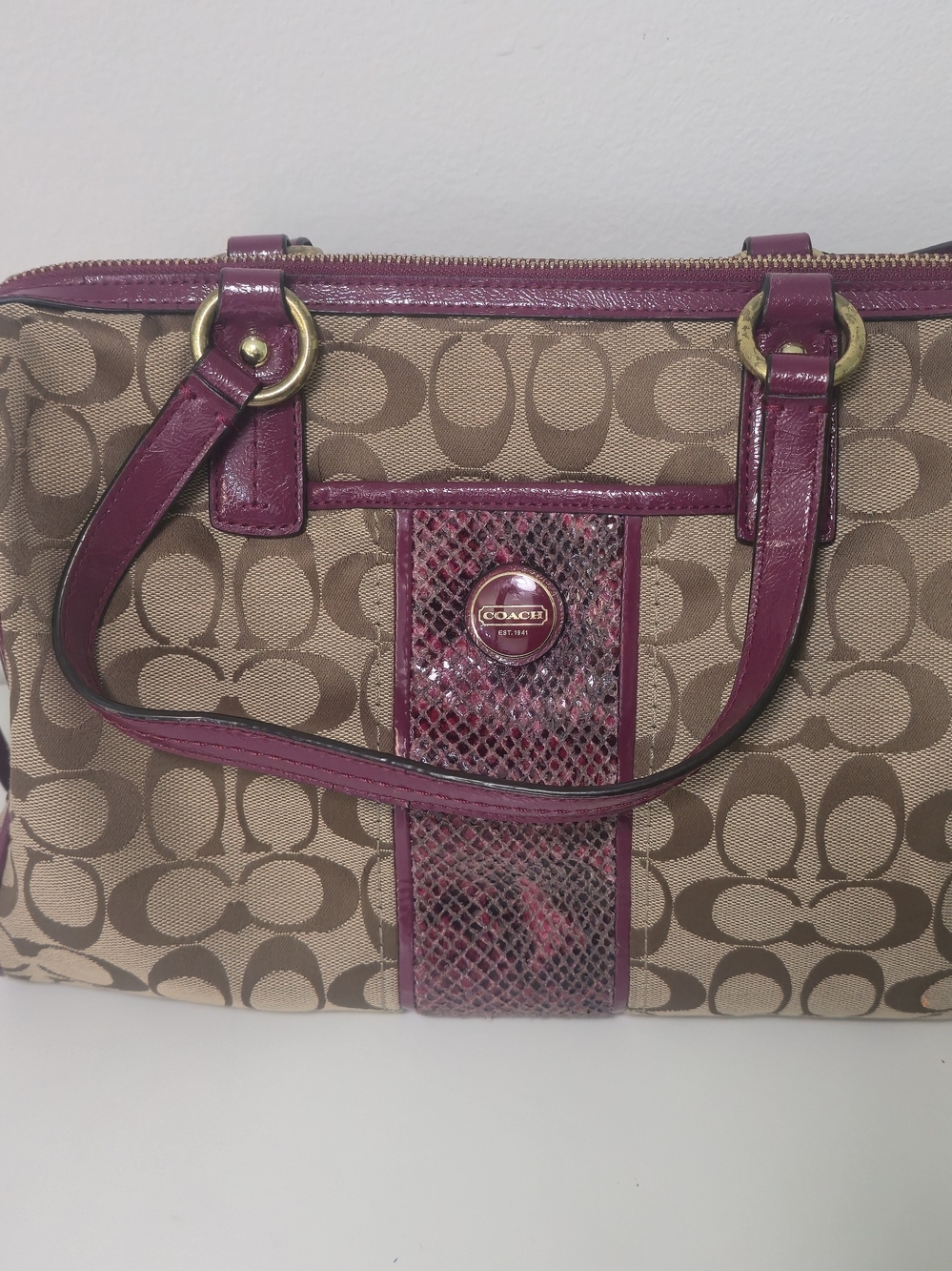 Coach F24884 Signature Stripe Python Snake Zip Satchel Khaki/Raspberry
